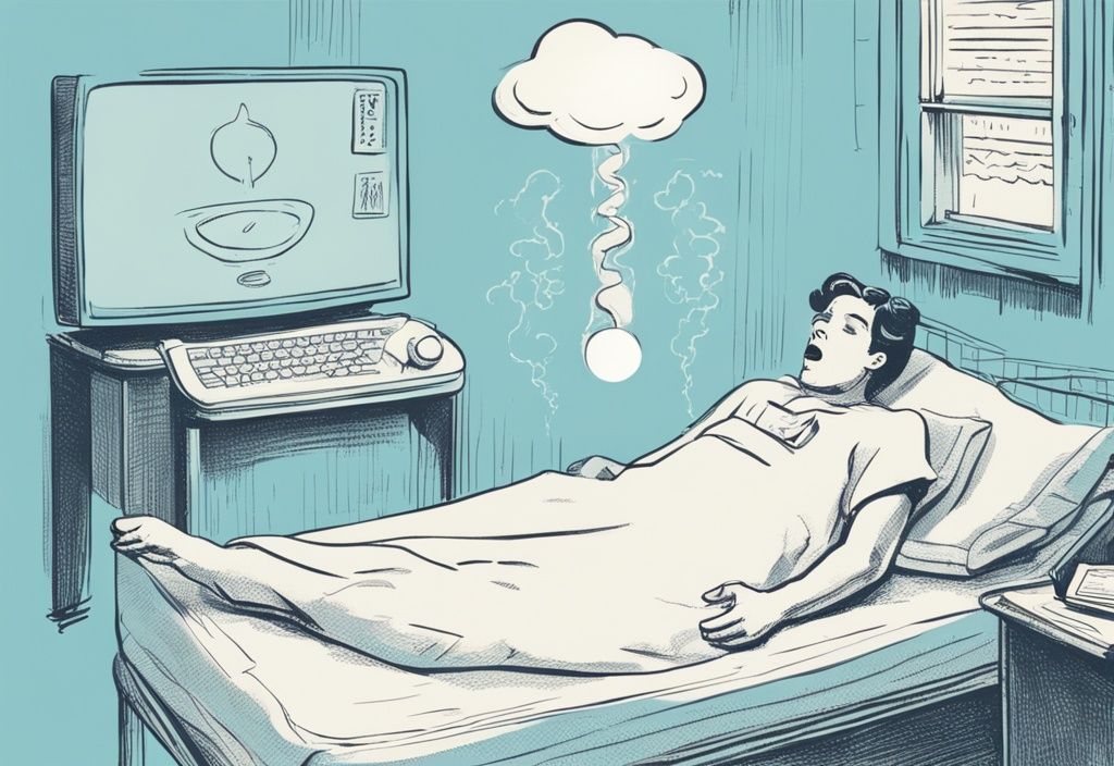 Vintage-Skizzenillustration einer bettlägerigen Person mit Thermometer im Mund und einer Gedankenblase, die die verbrannten Kalorien berechnet, Hauptfarbthema hellblau.