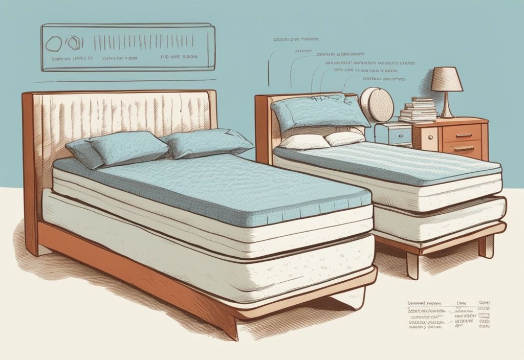 Vintage-Skizzenillustration in Hellblau, verschiedene Matratzen mit unterschiedlichen Härtegraden, Beschreibung für Skoliose-geeignete Matratzen