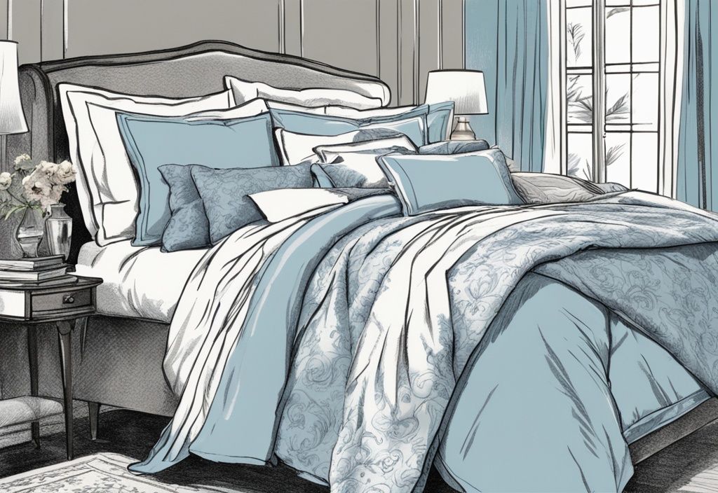 Vintage-Skizzenillustration von eleganten, knitterfreien Bettwäsche-Sets in hellblau.