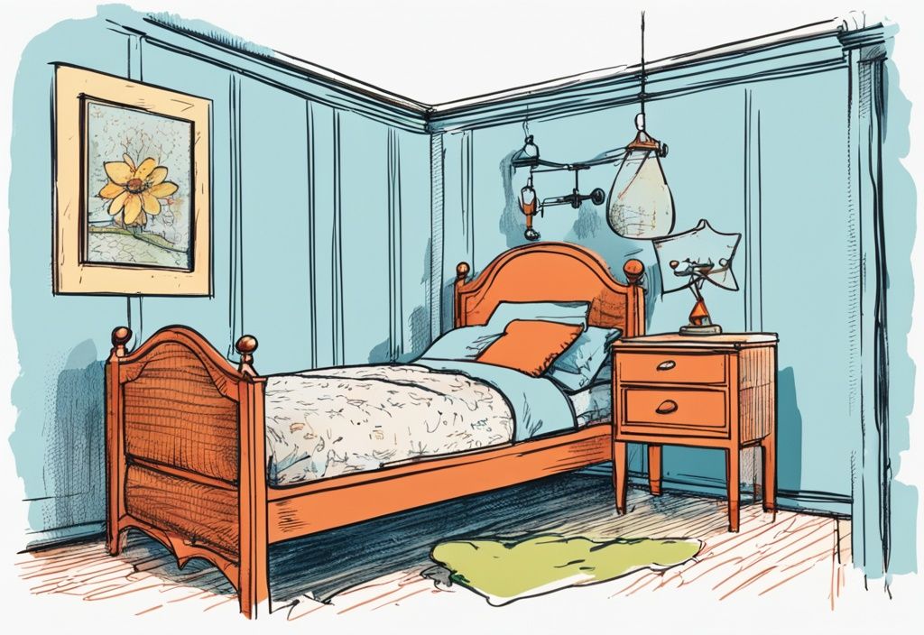 Vintage-Skizzenillustration eines Kinderzimmers mit hellblauem Farbschema, farbenfrohem und sicherem Bettgitter an einem gemütlichen Bett.