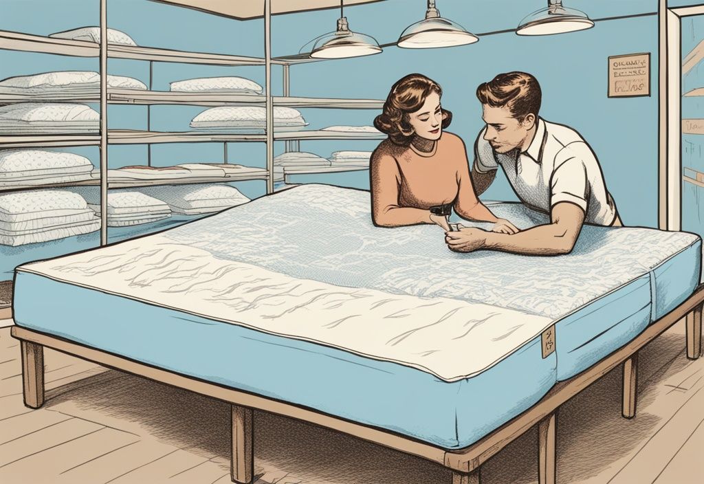 Vintage-Skizze eines nachdenklichen Paares in einem Matratzengeschäft, das eine Matratze mit einem Etikett zu wichtigen Überlegungen wie Materialien, Festigkeitsgrad, Größe und Preis untersucht, was beachten bei neuer Matratze.