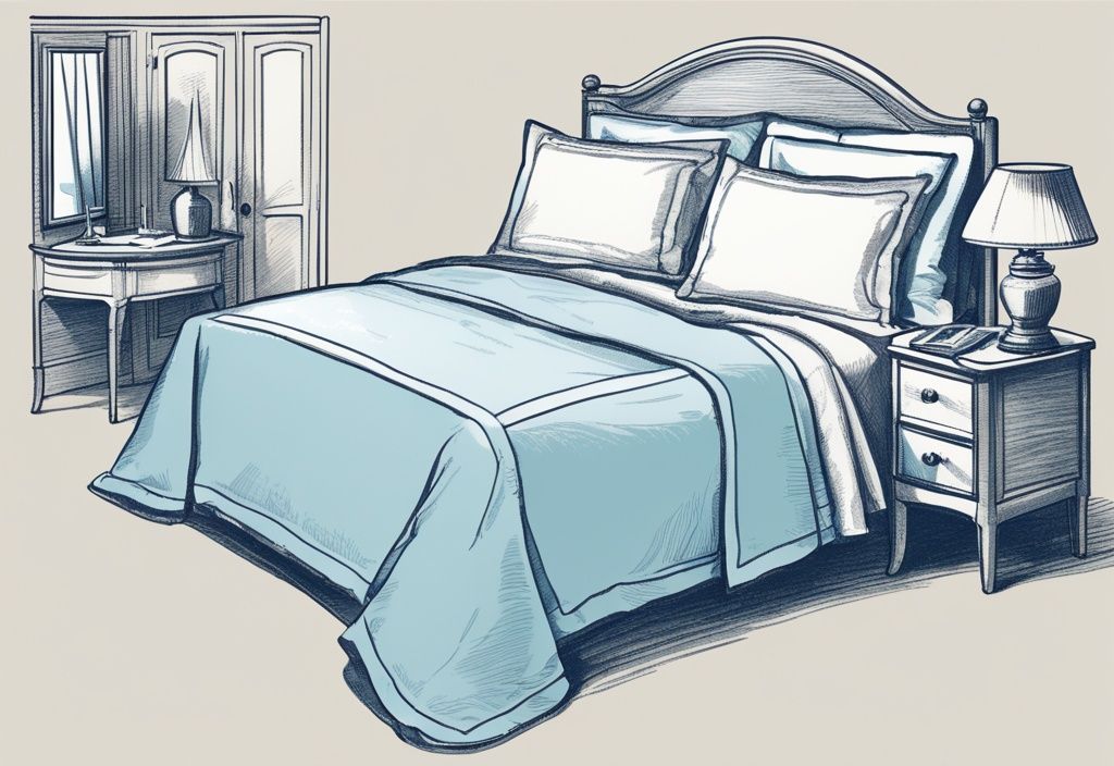 Vintage-Skizzenillustration mit hellblauem Farbschema, die ein ordentlich gefaltetes Set Hotelqualität-Bettwäsche auf weißem Hintergrund zeigt, ideal um Bettwäsche falten wie im Hotel zu lernen.