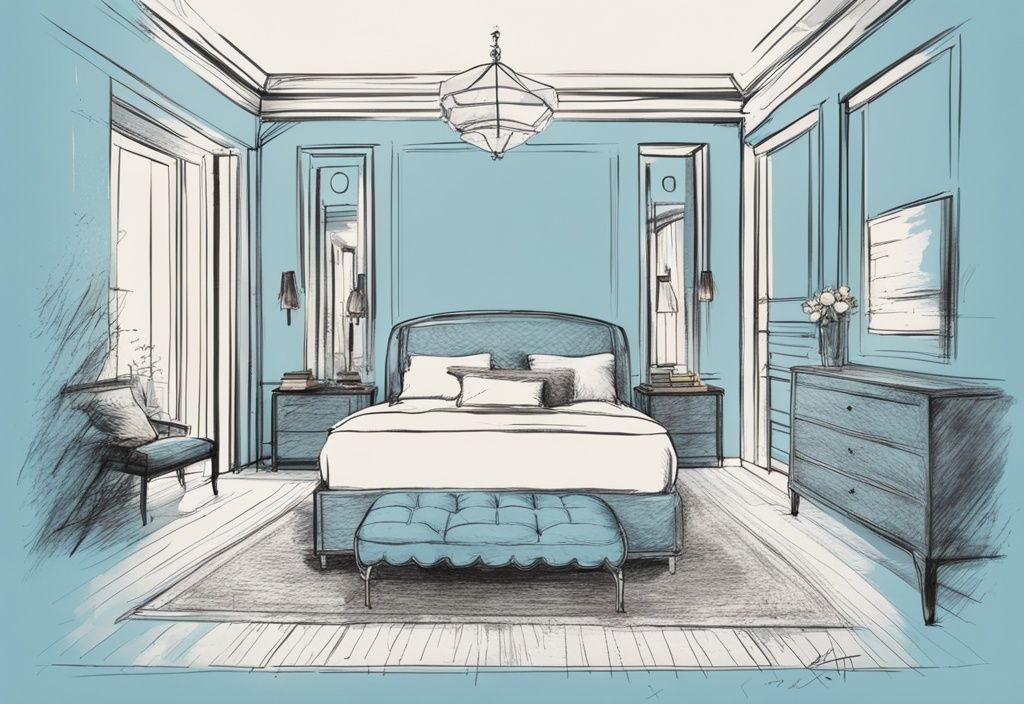 Vintage-Skizzenillustration eines Queensize-Betts mit markierten Abmessungen in einem modern eingerichteten Schlafzimmer, Hauptfarbthema hellblau. Keyword: was ist ein Queensize Bett.