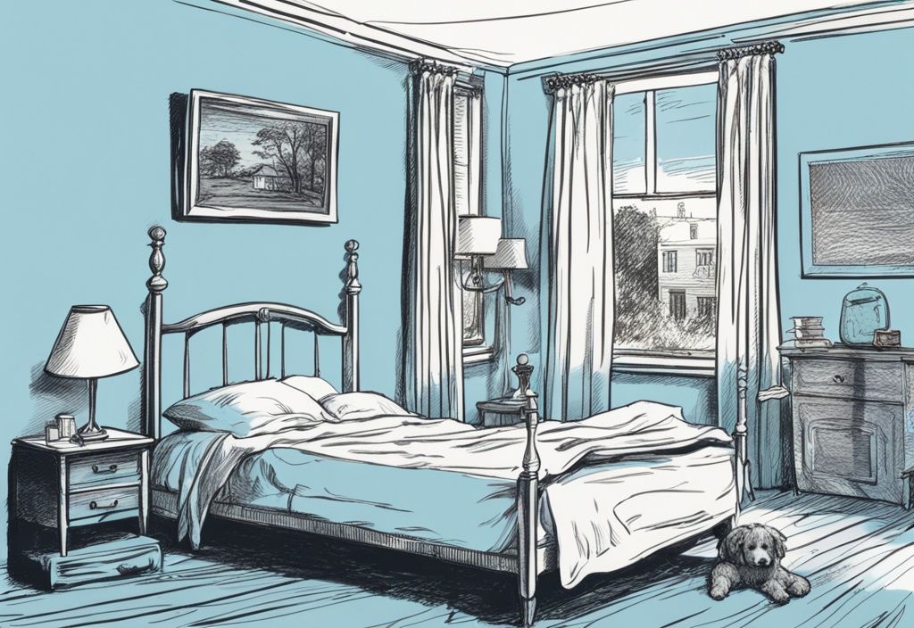 Vintage-Skizzenillustration eines nostalgischen Schlafzimmers in hellblauem Farbton, mit leerem Bett ohne Frottee-Bettwäsche und moderner alternativer Bettwäsche daneben, warum gibt es keine Frottee Bettwäsche mehr.