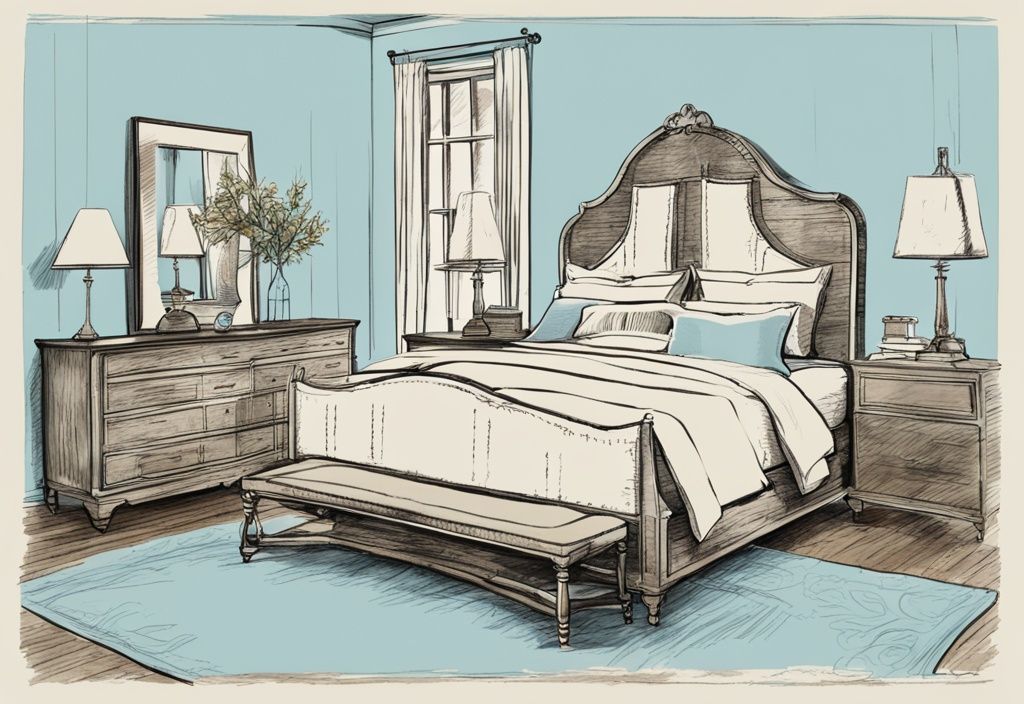 Vintage Skizzenillustration eines Queensize-Bettes mit klar markierten Abmessungen, Hauptfarbthema Hellblau.