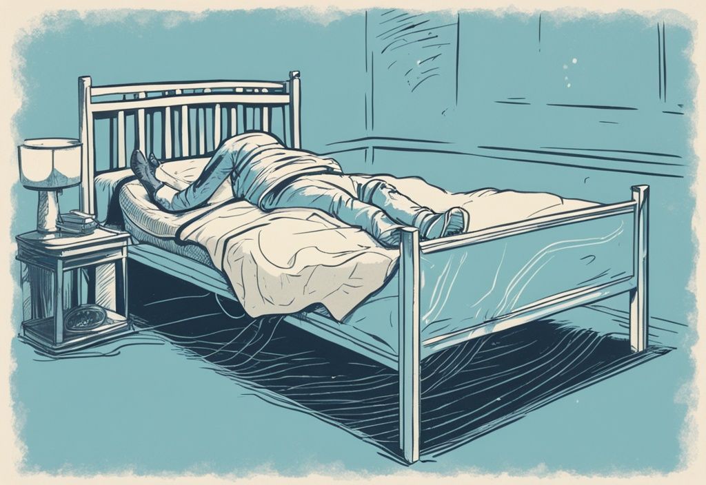 Vintage-Skizzenillustration, hellblaues Farbschema, gestresste Person liegt auf einem Bett, sichtbare Schallwellen unter dem Bettgestell betonen das Quietschen