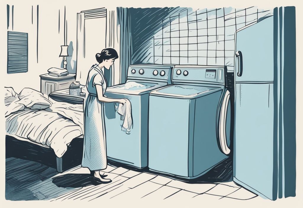Vintage-Skizze mit hellblauem Farbschema: Frische Bettwäsche neben einer Waschmaschine, Person gibt Waschmittel hinein.