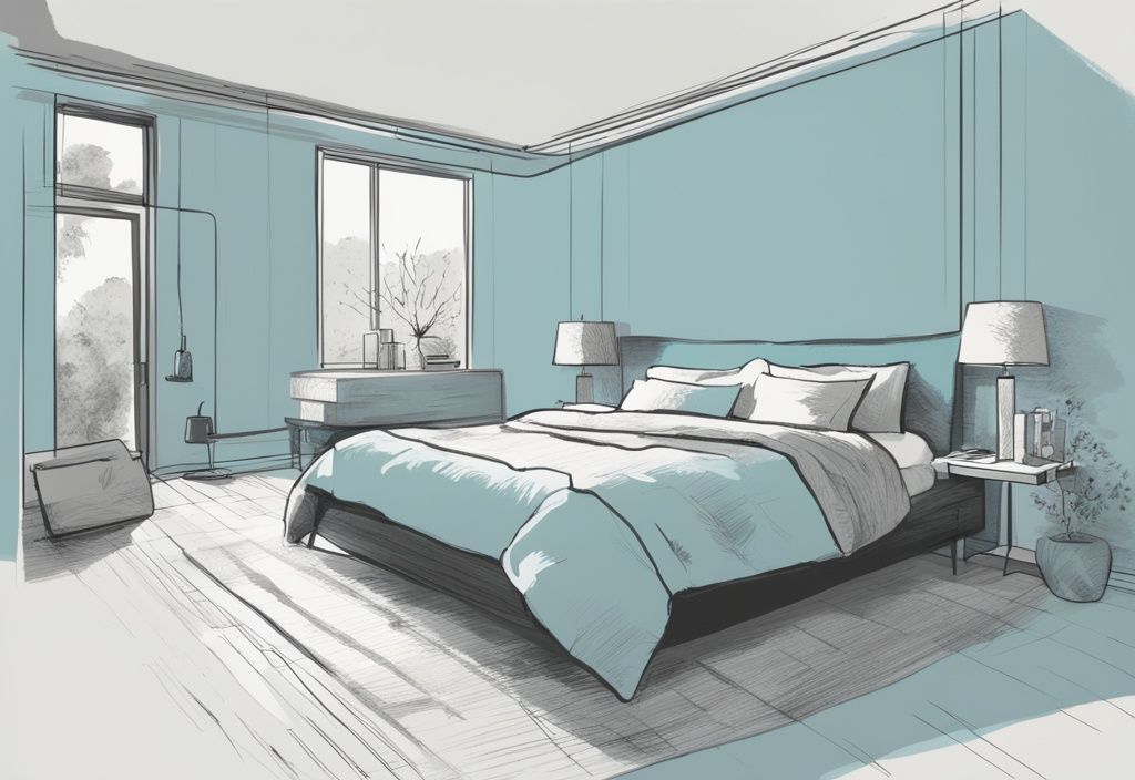 Vintage Skizze eines minimalistischen Schlafzimmers mit grauem Bett, welche Wandfarbe in lebendigem Blau zeigt