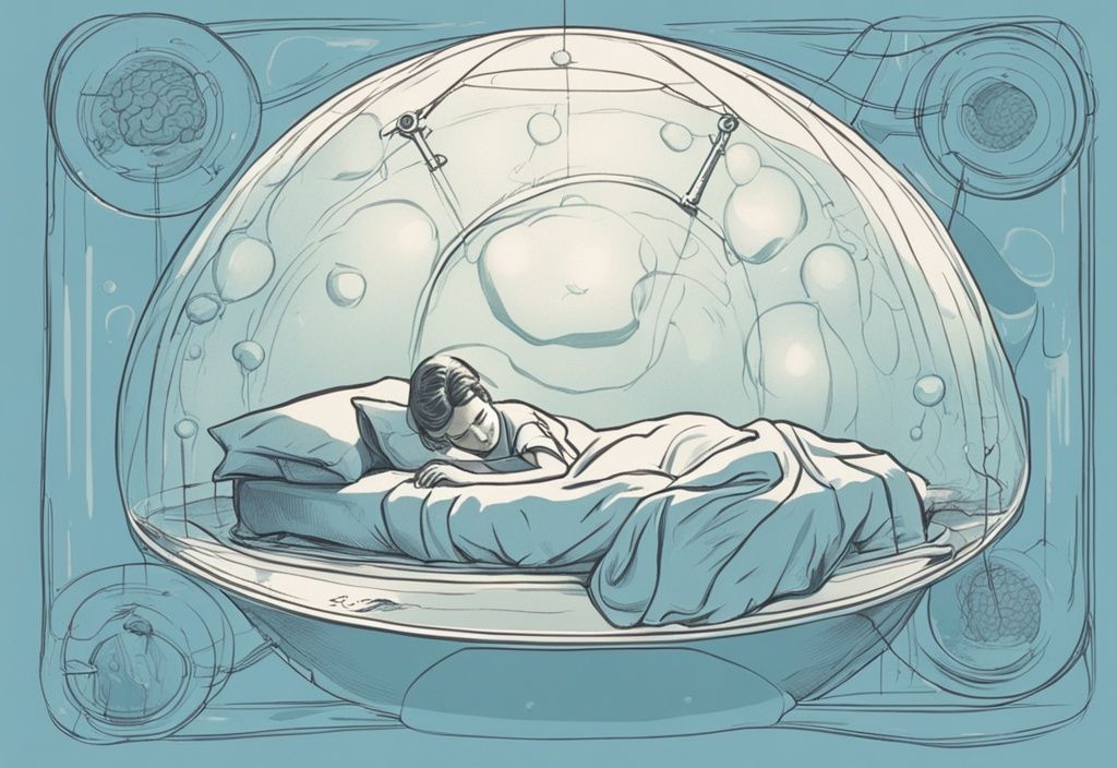 Vintage-Skizzenillustration einer Person, die friedlich auf einem Bett schläft, umgeben von einer transparenten Schutzblase, die die Aktivität des Unterbewusstseins symbolisiert und das Herunterfallen verhindert, in hellblauem Farbschema.