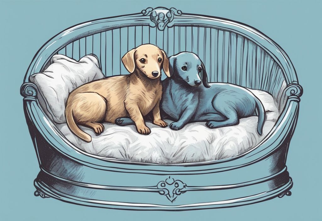 Vintage-Skizze mit hellblauem Farbthema, zeigt kleine, längliche Tiere wie Frettchen und Dackel, die sich gemütlich auf einem weichen, kuscheligen Bett zusammenkuscheln.