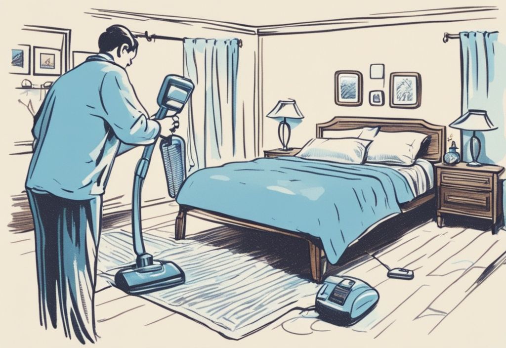 Vintage-Skizzenillustration eines gut beleuchteten, sauberen Schlafzimmers mit einer Person, die zeigt, wie Matratze reinigen mit Staubsauger, Reinigungsflasche, sauberen Handtüchern und Sprühflasche.