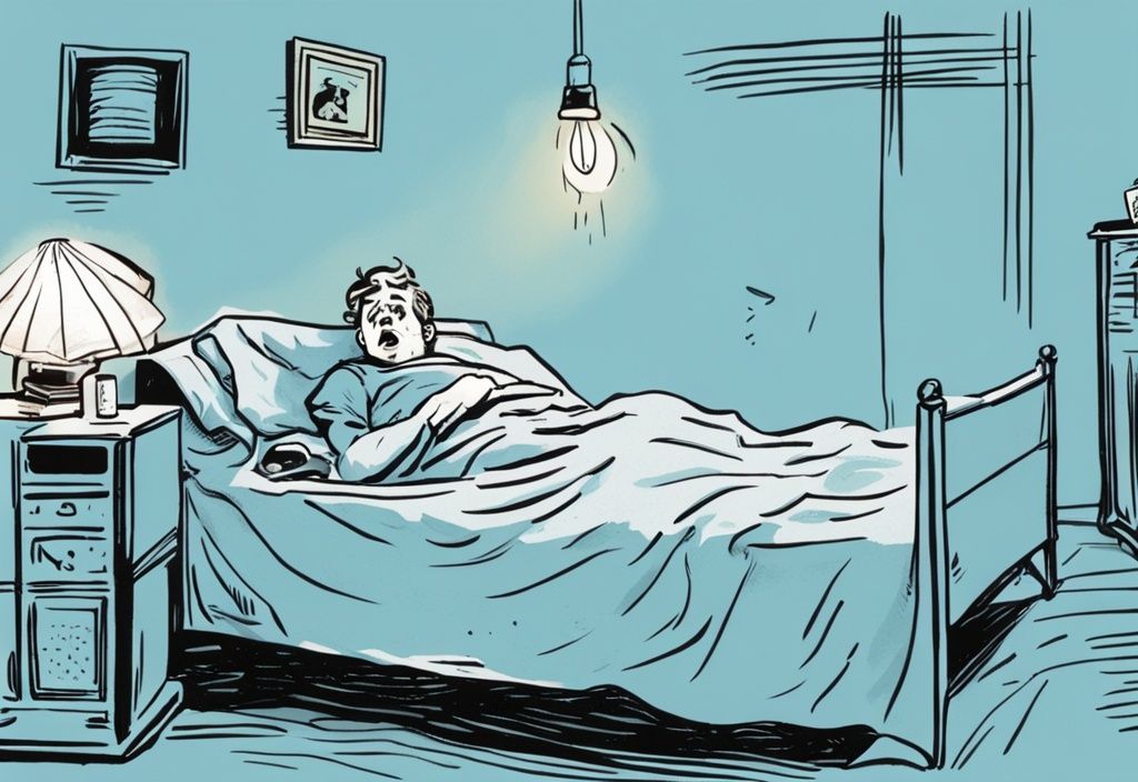 Vintage-Skizzenillustration einer perplexen Person, die auf einem Bett liegt und beim Hören des lauten Quietschens darunter das Gesicht verzieht, warum quietscht mein Bett.