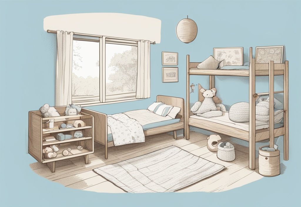 Vintage-Skizze eines verspielten, minimalistischen Kinderzimmers mit einem niedrigen, hölzernen Montessori Bett, umgeben von pädagogischen Spielzeugen und weichen, neutralfarbenen Textilien in einem hellblauen Farbschema.