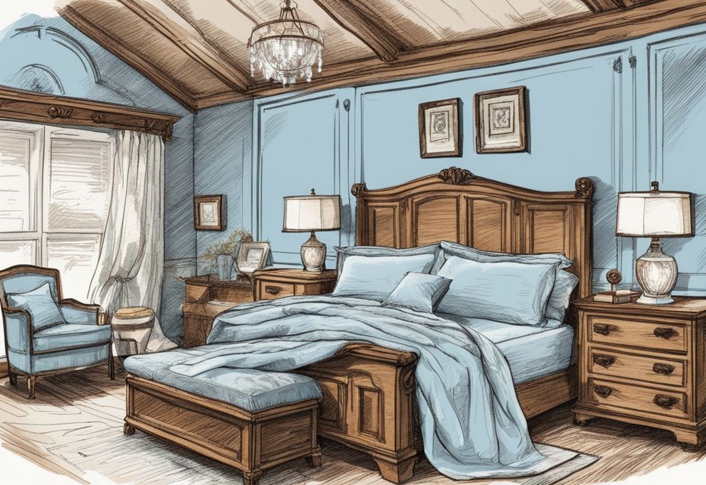 Vintage-Skizze mit luxuriösen Bettstoffen auf einem Zedernholzbett, in einem Raum mit weichem Morgenlicht, Hauptfarbthema hellblau.