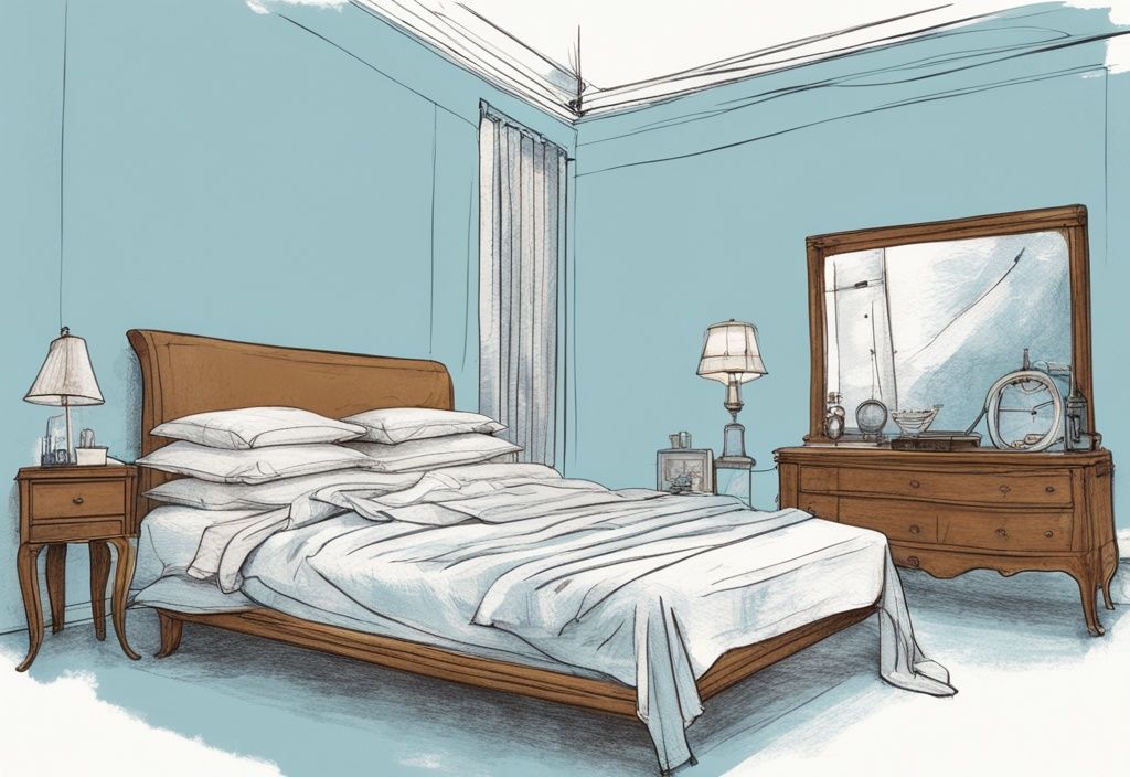 Vintage Skizze mit hellblauem Thema, 140x200 Bett perfekt bezogen mit passender Bettwäsche, Maßband zeigt Dimensionen, welche Größe Bettwäsche für 140x200 Bett.