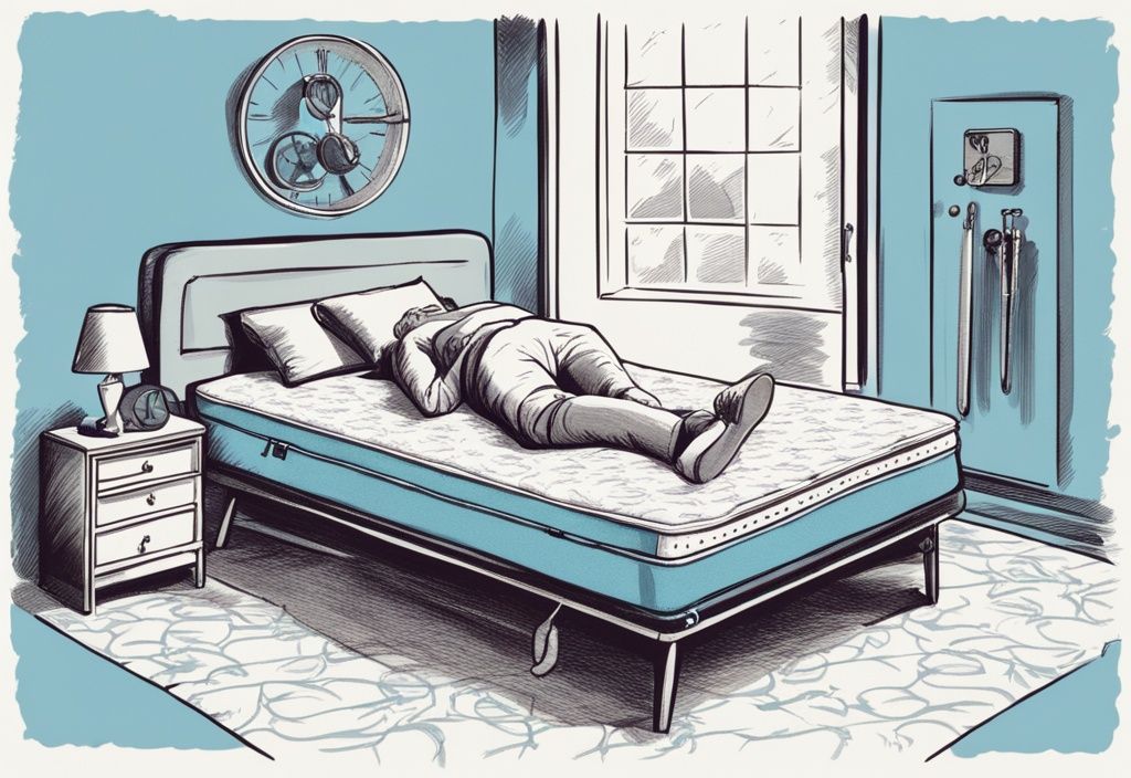 Vintage-Skizzenillustration in Hellblau: Person liegt unbequem auf neuer Matratze, Werkzeuge und Matratzentopper in der Nähe.