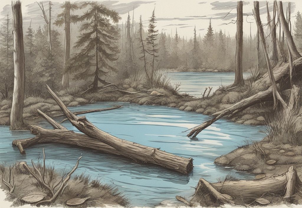 Vintage-Skizzenillustration eines Biberdamms in Nahaufnahme, mit hellblauem Farbschema, zeigt Äste, Schlamm und Blätter als Baumaterialien.