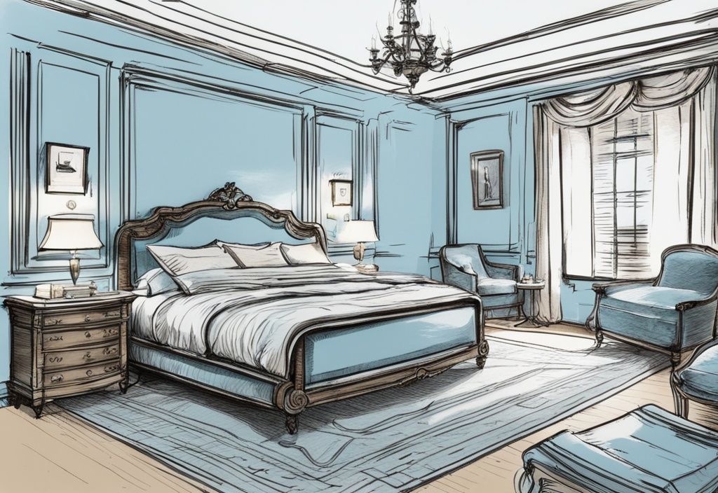 Vintage-Skizzenillustration eines geräumigen, gut dekorierten Schlafzimmers mit einem luxuriösen Kingsize-Bett, dessen Abmessungen deutlich markiert sind, was ist ein Kingsize Bett.