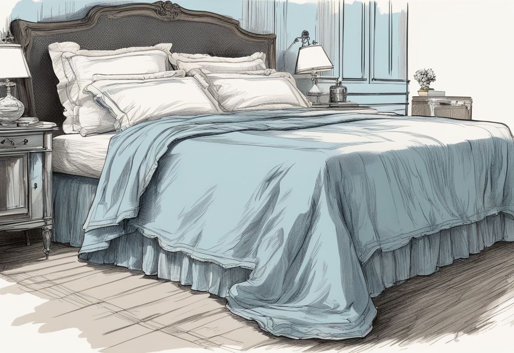 Vintage Skizze mit hellblauem Farbschema, großes elegantes Bett 180x200 mit passendem Bettüberwurf, der Größe und Proportion betont