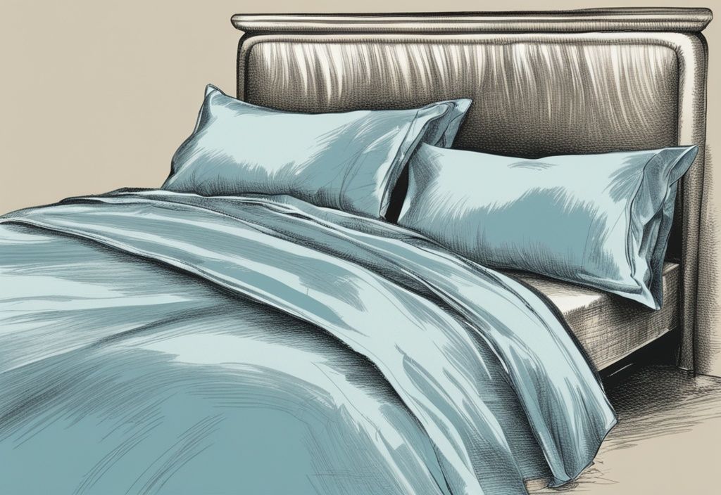 Vintage Skizzenillustration von luxuriöser, glänzender Satinbettwäsche in Nahaufnahme, mit weicher Textur und hellblauer Farbgebung vor neutralem Hintergrund