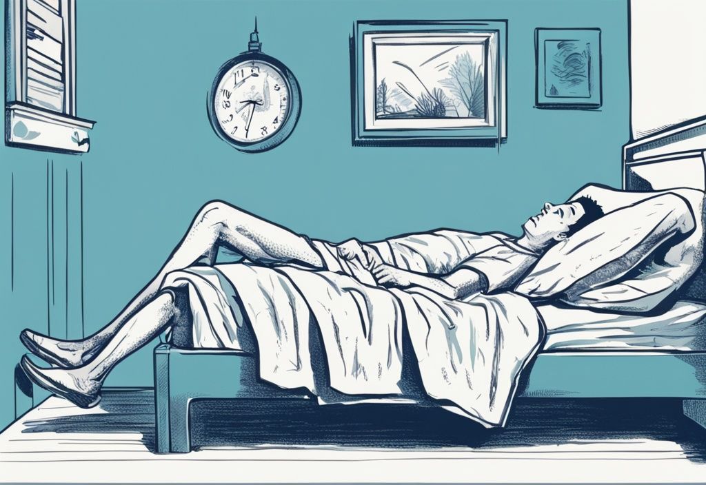 Vintage Skizze einer Person im Bett mit Fersenschmerzen, die ihren Fuß hält, Hauptfarbton hellblau.