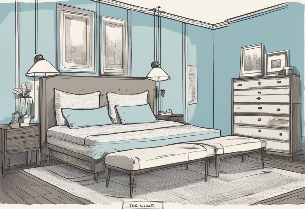 Vintage-Skizzenillustration mit verschiedenen Matratzentypen in einem stilvollen Schlafzimmer, jede mit einem Etikett zur Angabe des Härtegrads - welcher Härtegrad Matratze