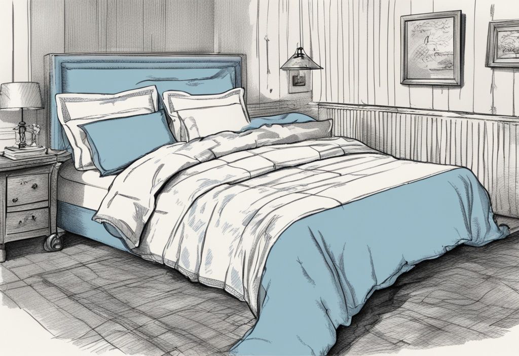 Vintage Skizzenillustration von Bettwäsche in Hellblau: Duvet, Spannbettlaken, Kissenbezug auf einem schön gemachten Bett.