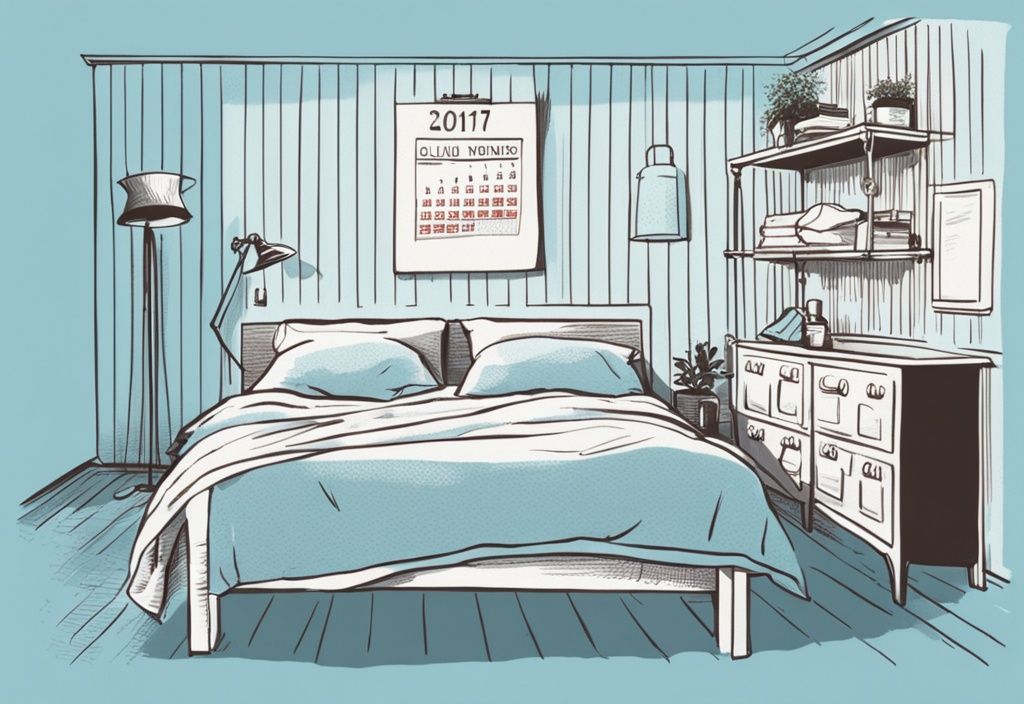 Vintage-Skizzenillustration in hellblau mit Kalender an der Wand und frisch bezogenen Bettlaken auf einem ordentlich gemachten Bett, wie oft sollte man sein Bett neu beziehen.