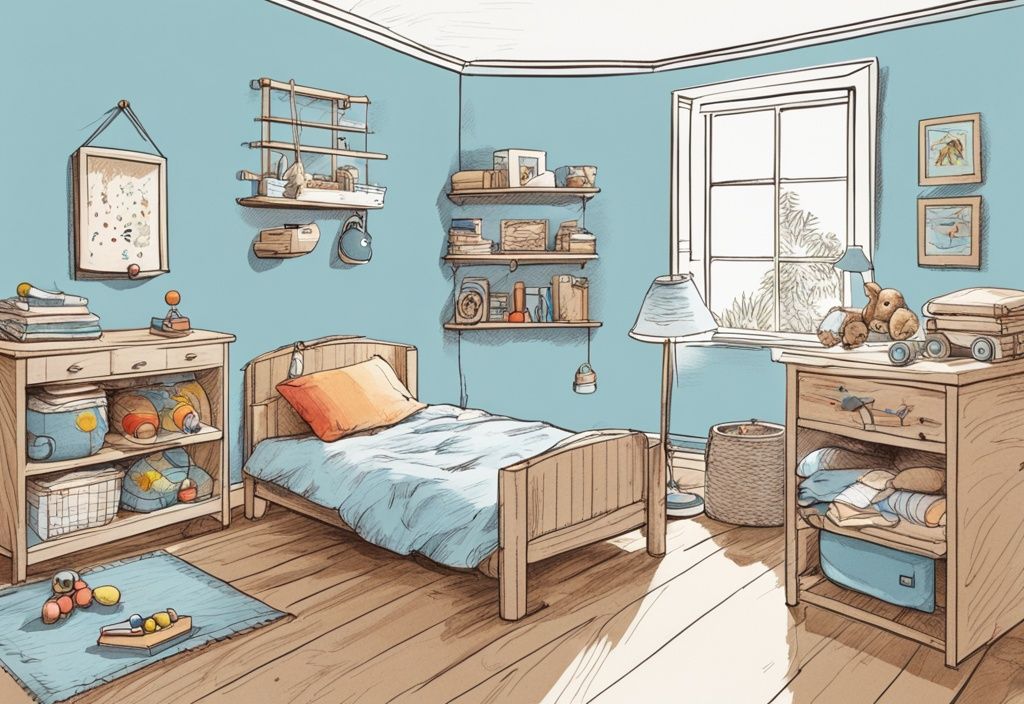 Vintage-Skizze eines Kinderzimmers mit hellblauem Farbschema, zeigt ein niedriges Montessori-Bett aus Holz mit bunten Bettwaren und umgeben von verschiedenen Lernspielzeugen.