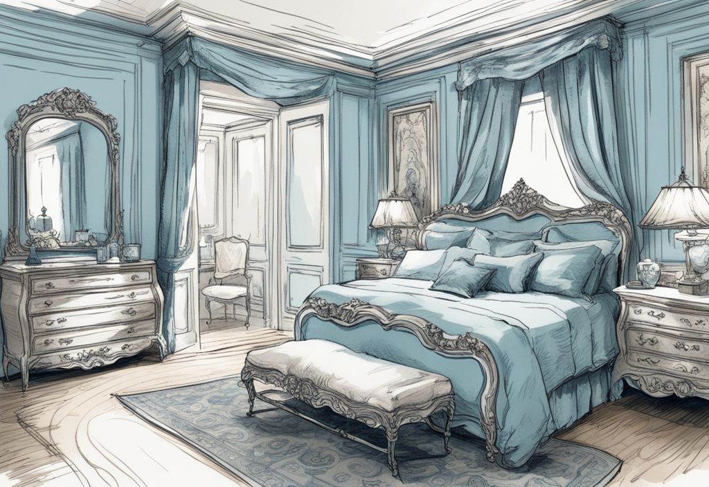 Vintage-Skizze eines luxuriösen, verzierten französischen Betts in einem elegant dekorierten Schlafzimmer, was ist ein französisches Bett