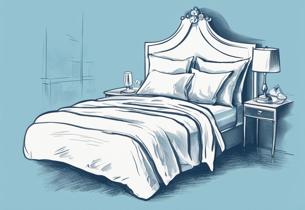 Vintage Illustration: Hände falten weiße Bettwäsche auf einem perfekt gemachten Hotelbett, Hauptfarbe Hellblau