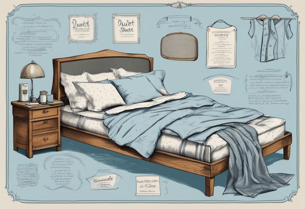 Vintage Skizze Illustration, hellblaues Farbschema, verschiedene Bettwäschearten wie Bettdecke, Spannbettlaken, Kissenbezug auf schön gemachtem Bett mit Beschriftungen.