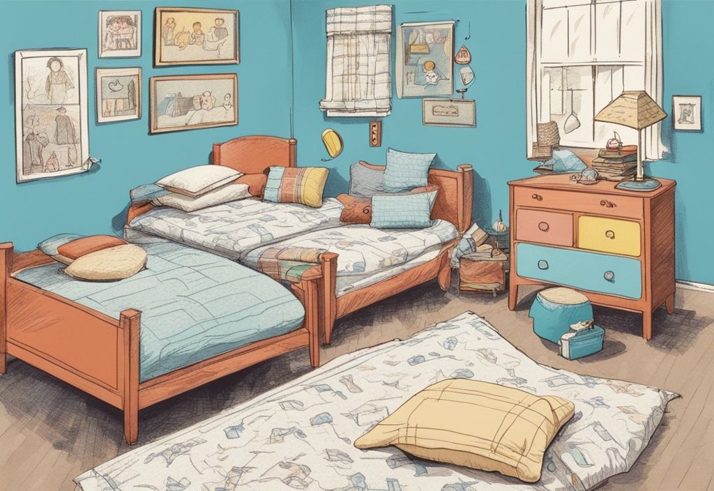 Vintage Skizzenillustration mit hellblauem Farbschema, zeigt bunte kinderfreundliche Matratzen in einladendem Schlafzimmer, mit Hinweis auf beste Matratze für Kinder