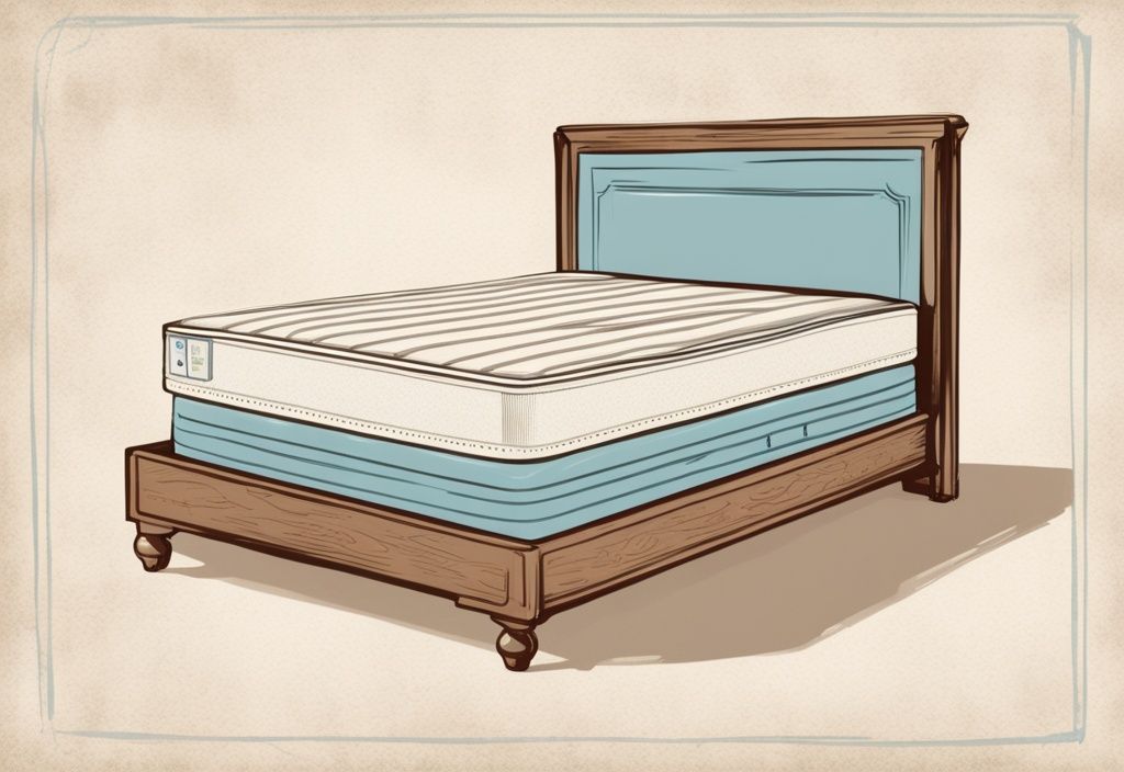 Vintage-Skizze eines Boxspringbetts mit aufgeschnittener Matratze, welche Matratze für Boxspringbett zeigt, Hauptfarbe hellblau.