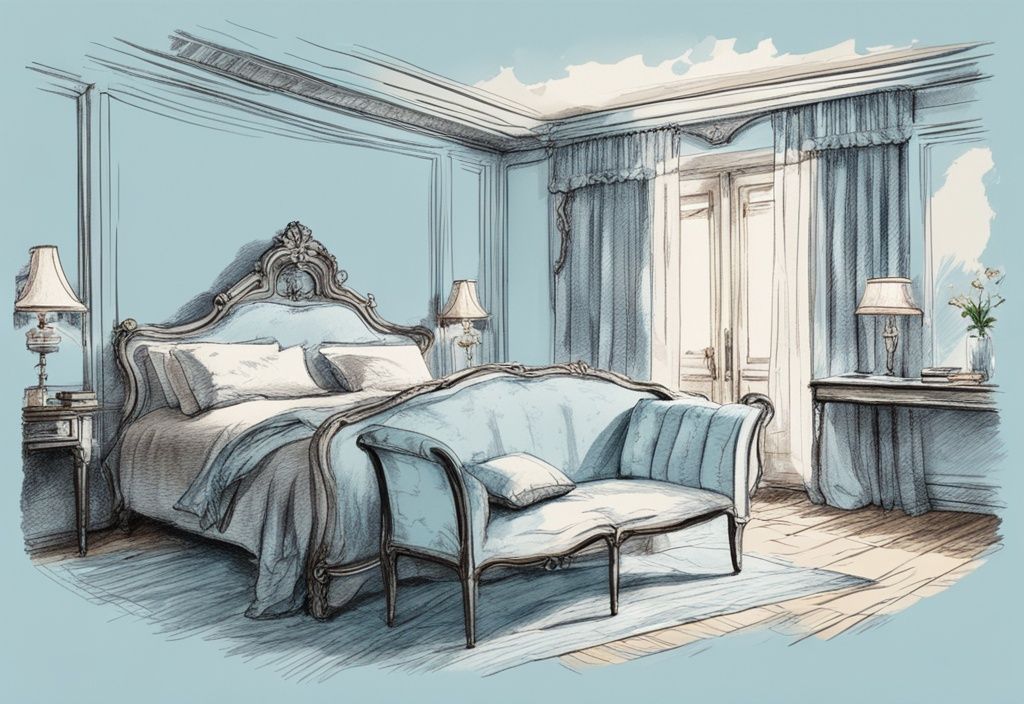 Vintage Skizze eines eleganten französischen Bettes mit Kissen und Decken in einem stilvollen, sanft beleuchteten Schlafzimmer, Hauptfarbe Hellblau